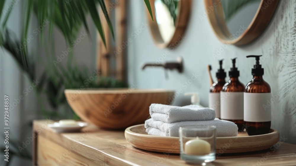 Spa bathroom counter with towels, soap, and natural decor Spa bathroom counter with towels, soap, and natural decor