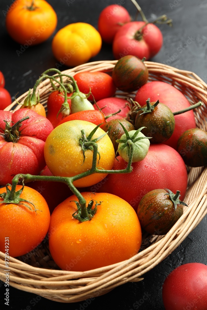 Different ripe and unripe tomatoes in wicker basket on grey table Different ripe and unripe tomatoes in wicker basket on grey table