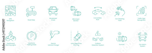 GPS, Navigation, Road Map, Windshield Crack, Blind Spot Monitor, Convertible Roof, Car Detailing Tools, Traffic Sign Recognition, Dashboard Warning Lights, Electric Parking Brake vector icon set