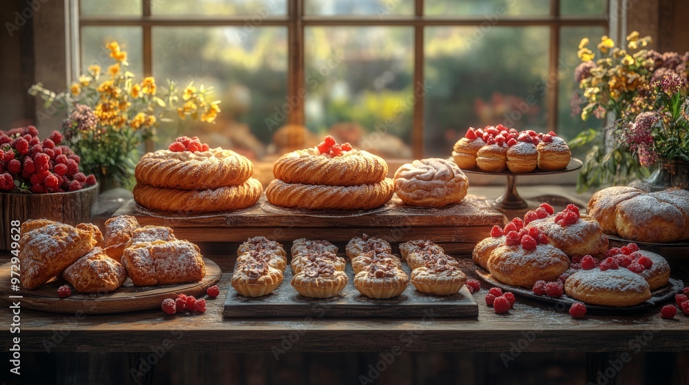 Assortment of pastries, including donuts and tarts, topped with raspberries, displayed on a rustic table near a window Assortment of pastries, including donuts and tarts, topped with raspberries, displayed on a rustic table near a window