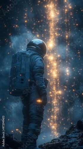 Astronaut in a reflective spacesuit stands on rocky terrain, gazing at a luminous vertical stream of glowing lights in space