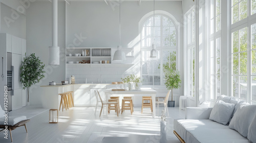 A bright and modern apartment with a white living room and kitchen.