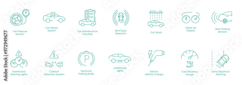 Tire Pressure Monitor, Car Stereo System, Car Maintenance Checklist, Blind Spot Detection, Car Wash, Head-Up Display, Rear Parking Sensors, Dashboard Warning Lights vector icon set