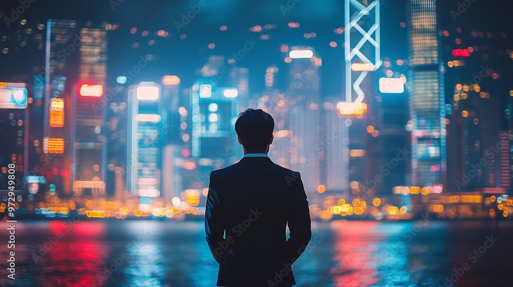dynamic scene of an Asian businessman in a corporate setting at night, surrounded by modern buildings in a lively urban landscape dynamic scene of an Asian businessman in a corporate setting at night, surrounded by modern buildings in a lively urban landscape