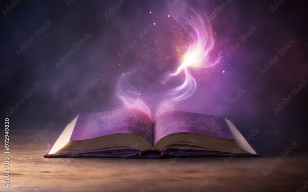 Enchanting open book on wood table with purple and pink flames, Enchanting open book on wood table with purple and pink flames,