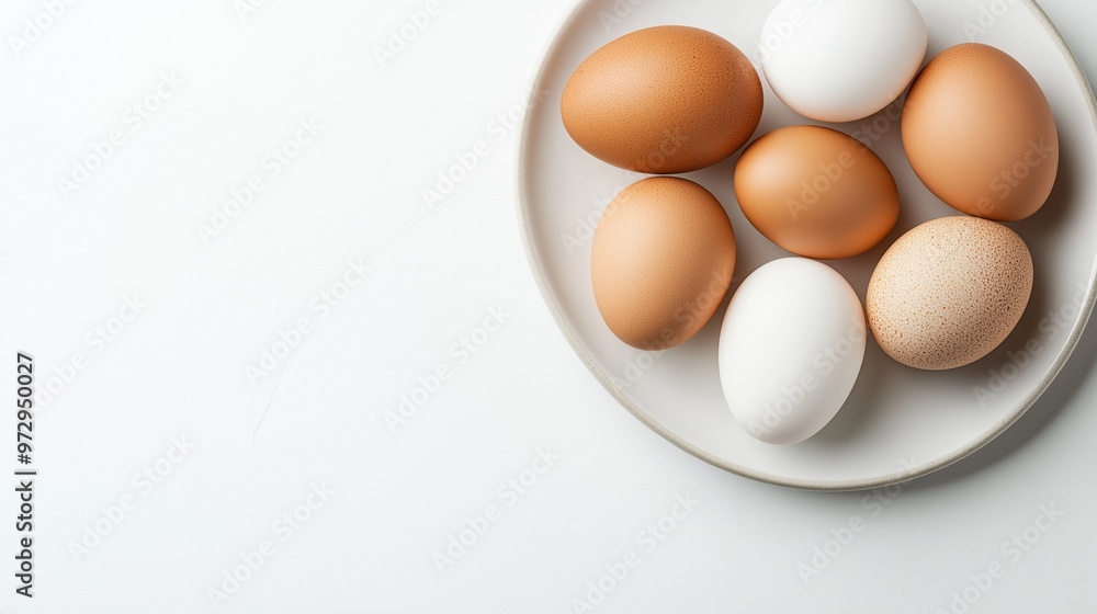 A variety of eggs on a neutral colored plate arranged neatly in a contemporary kitchen setting. A variety of eggs on a neutral colored plate arranged neatly in a contemporary kitchen setting.