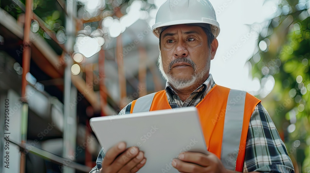 Mature Hispanic construction professional using a tablet to check project plans on site. Mature Hispanic construction professional using a tablet to check project plans on site.