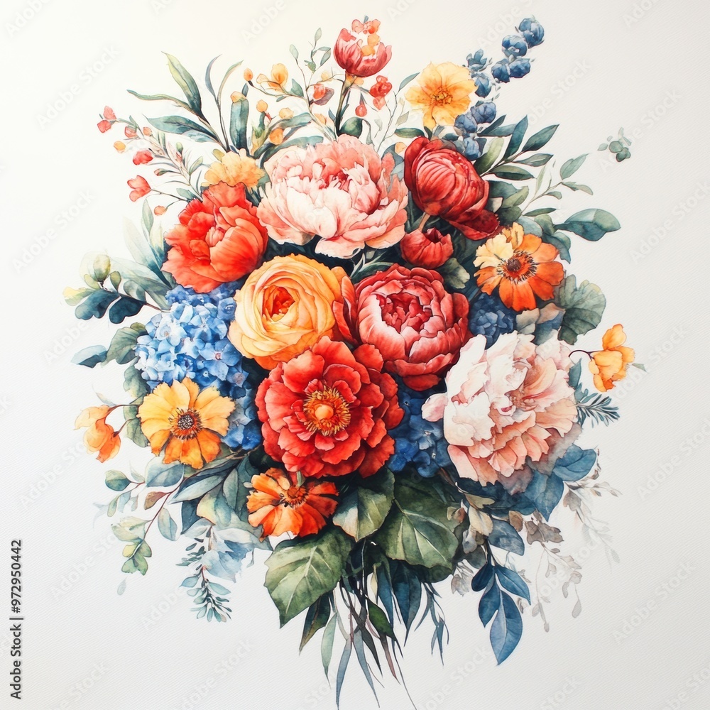 Fototapeta premium Watercolor Painting of a Floral Bouquet with Peonies Roses and Hydrangeas