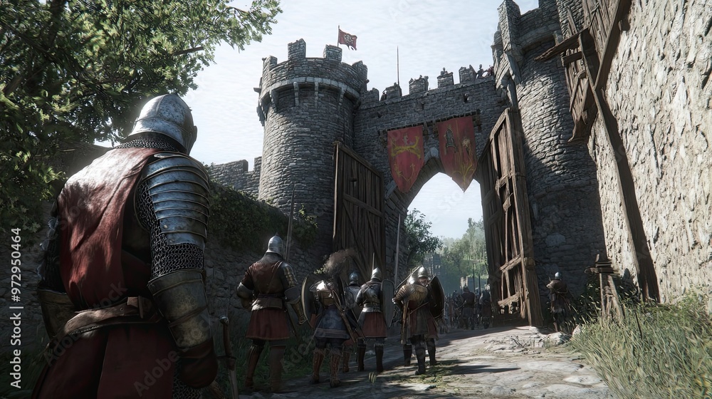 Naklejka premium Knights Marching Through Castle Gate