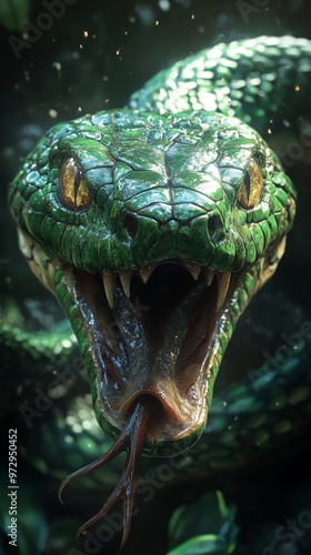 Close-up of a green snake with its mouth open, displaying sharp fangs and forked tongue