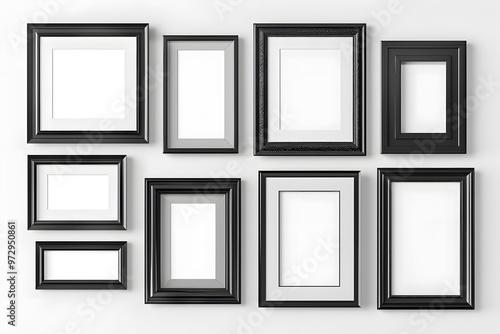 Realistic picture frame mockup black border set. Isolated Black pictures frames mock-up. Home decoration, photography presentation, blank frame mockups. Vector illustration. Generative Ai.