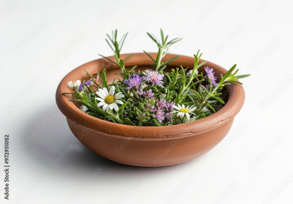 Potted herbs and flowers in a clay bowl on a clean white background Potted herbs and flowers in a clay bowl on a clean white background