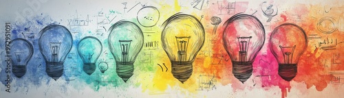 Colorful Light Bulbs Sketch on Watercolor Background   Creative Thinking Concept
