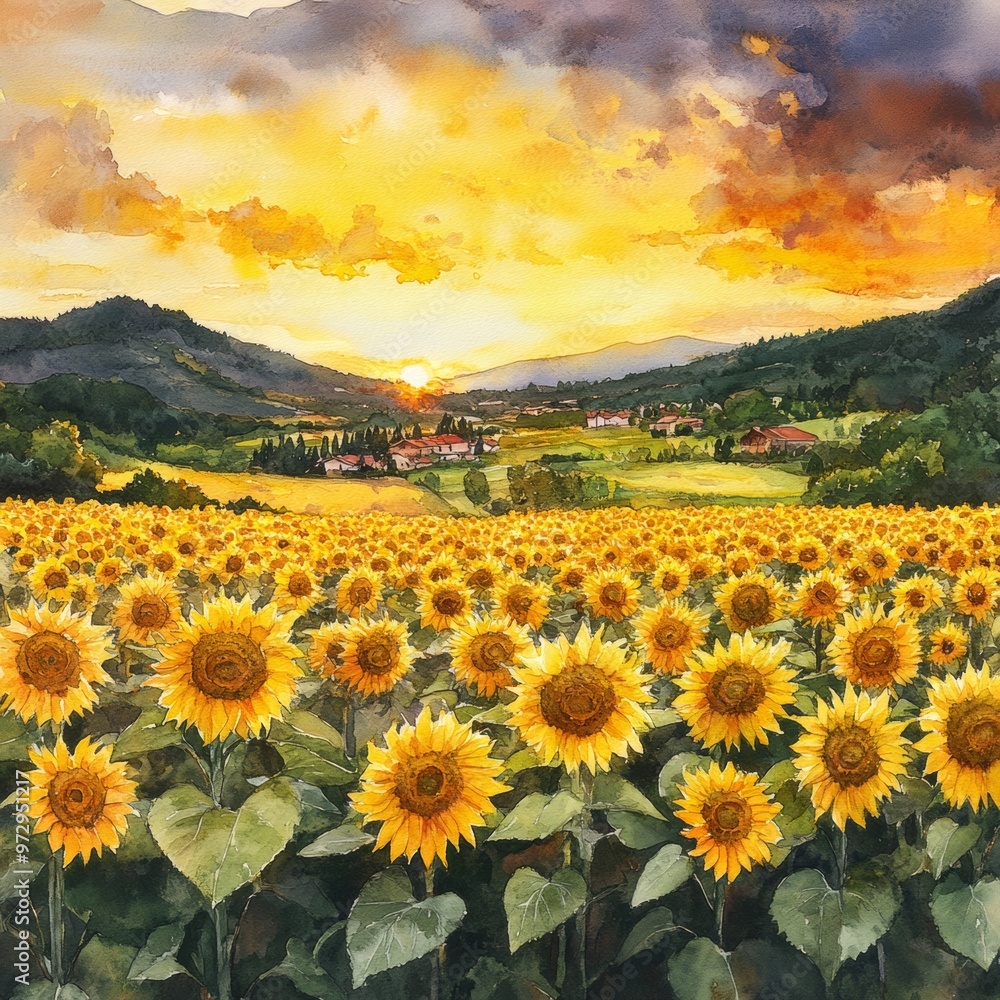 Obraz premium Watercolor Painting of Sunflower Field with Sunset and Hills