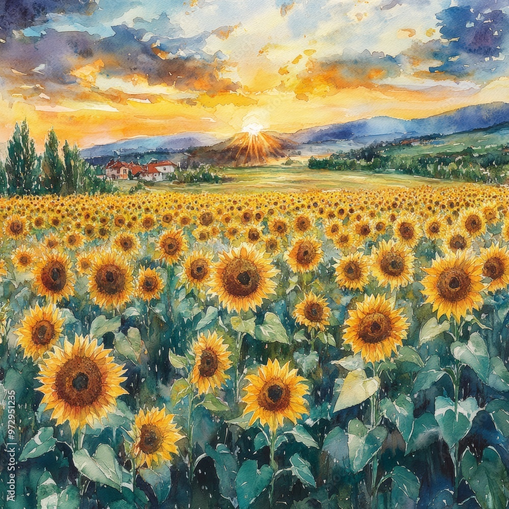 Obraz premium Watercolor Painting of a Field of Sunflowers at Sunset