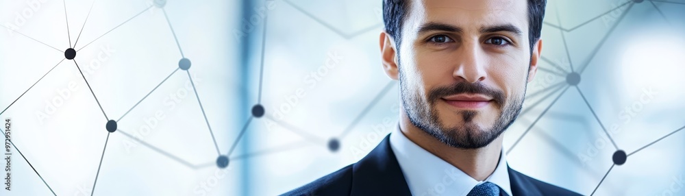 Obraz premium Confident Businessman Looking at Camera with Network Background