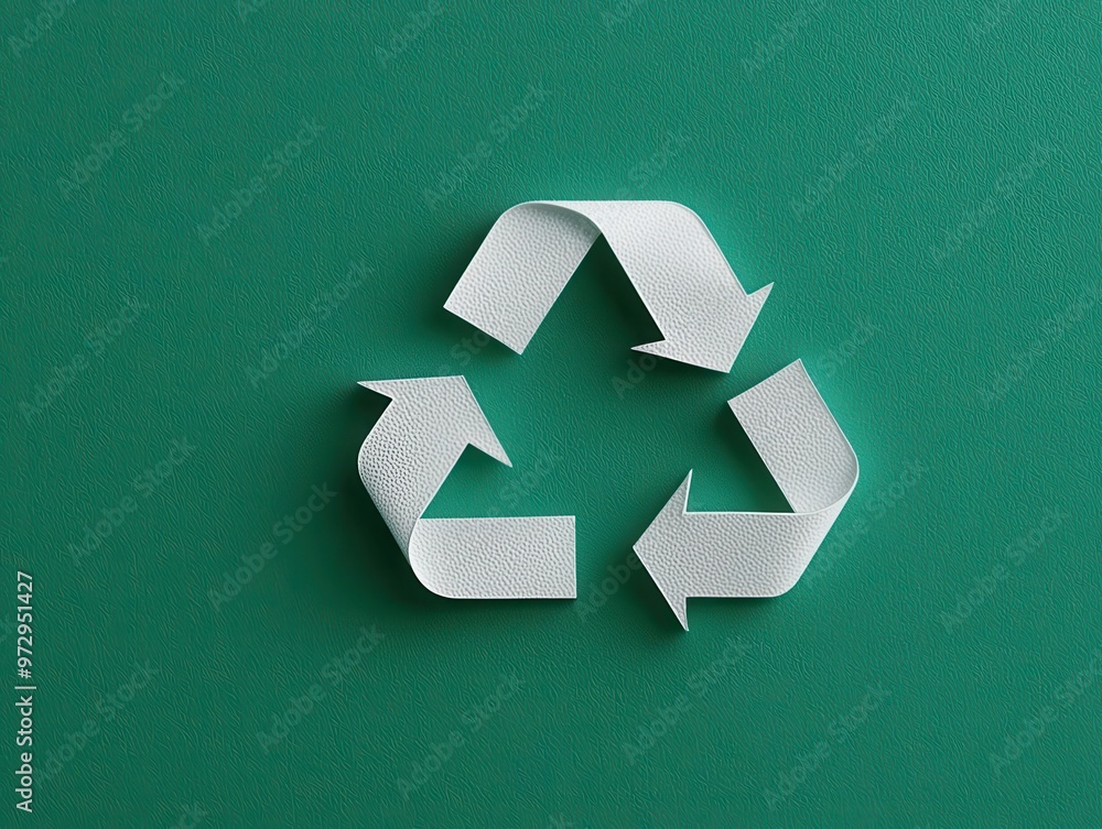 Clean, modern recycle symbol in white, placed on a textured green surface, eco-friendly design Clean, modern recycle symbol in white, placed on a textured green surface, eco-friendly design