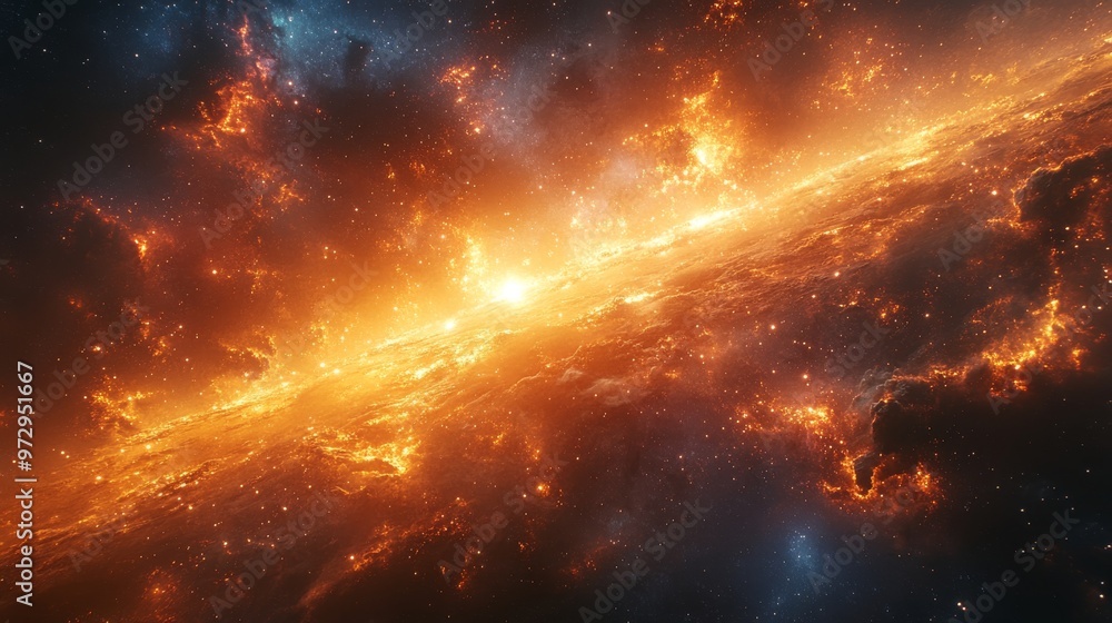 Fototapeta premium Fiery, luminous galaxy with bright orange and yellow hues contrasted against a dark, starry space background
