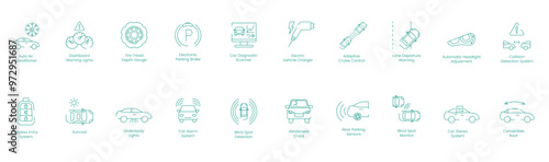 Auto Air Conditioner, Dashboard Warning Lights, Tire Depth Gauge, Electric Parking Brake, Car Diagnostic Scanner, Electric Vehicle Charger, Adaptive Cruise Control, Lane Departure Warning vector icons
