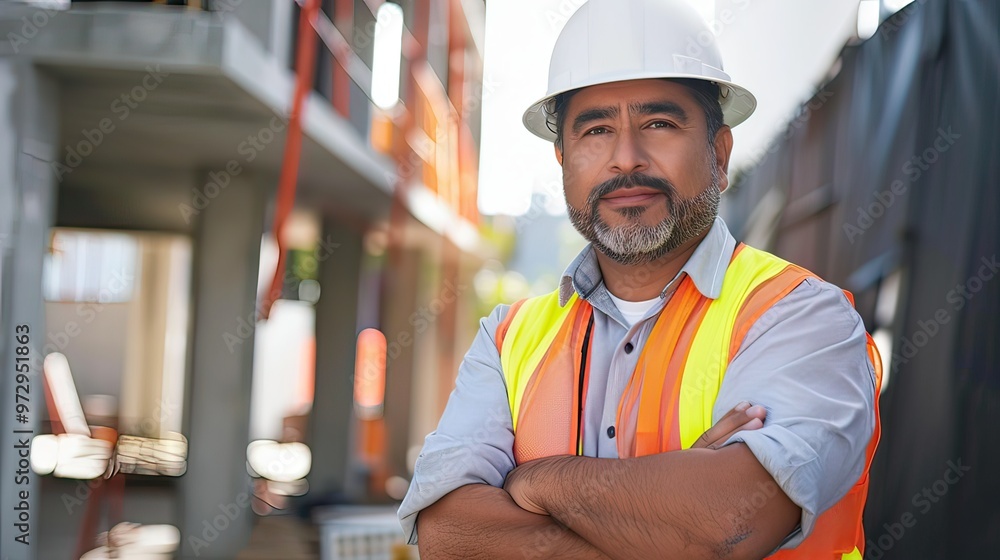 Mature Hispanic construction supervisor standing confidently with arms crossed at a building site. Mature Hispanic construction supervisor standing confidently with arms crossed at a building site.