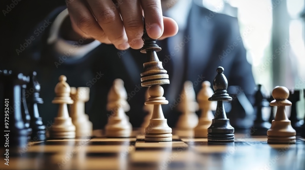 Chessboard Strategy Businessman Hand Placing Black Pawn on White Pawn During Game Chessboard Strategy Businessman Hand Placing Black Pawn on White Pawn During Game