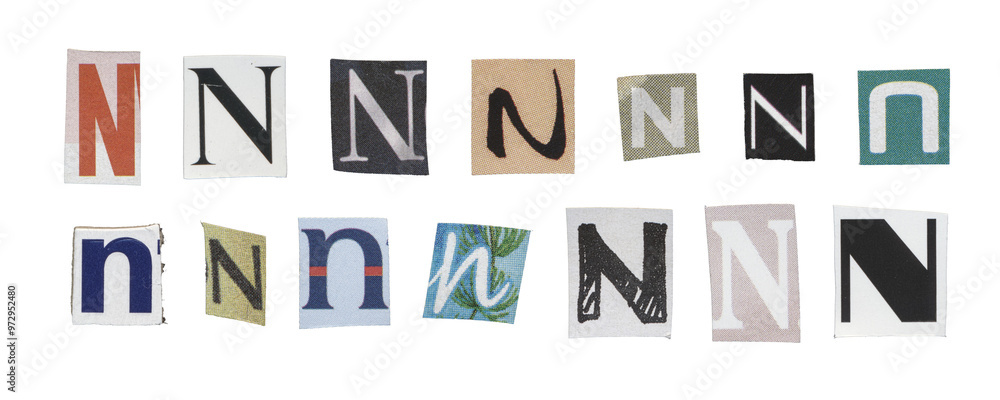 Set of isolated cut-out letter “N” from magazines on a transparent background, retro y2k style Set of isolated cut-out letter “N” from magazines on a transparent background, retro y2k style