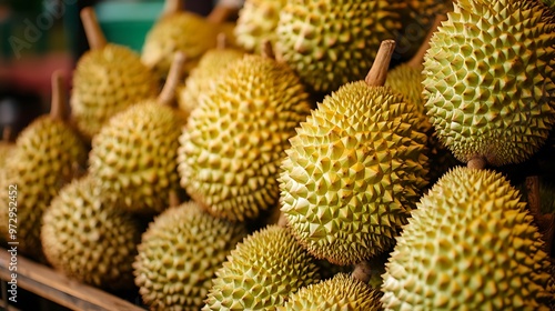 A close-up shot of a pile of durian fruit, with the spiky outer shell and the yellow flesh visible.