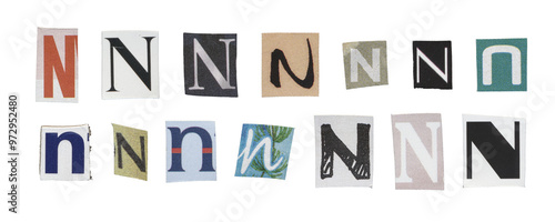 Set of isolated cut-out letter “N” from magazines on a transparent background, retro y2k style