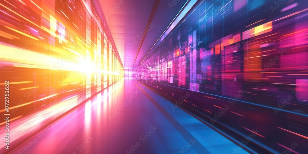 Visual presentation with dynamic graphics on a large display side view bright focused light Visual presentation with dynamic graphics on a large display side view bright focused light