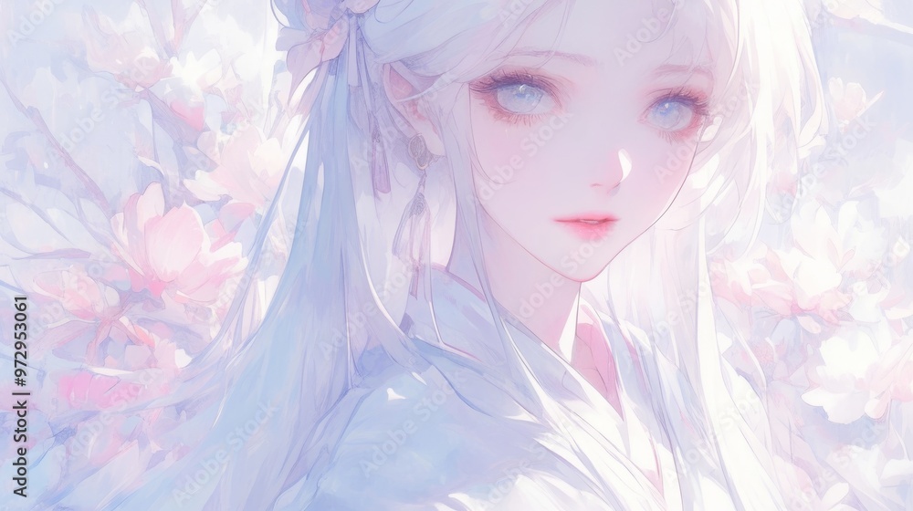 Image depicts an ethereal anime-style character with long white hair, adorned in pastel colors with flowers in the background Image depicts an ethereal anime-style character with long white hair, adorned in pastel colors with flowers in the background