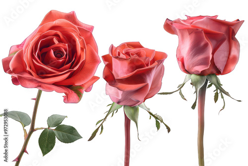 Red Roses with Stems and Leaves on Transparent Background PNG