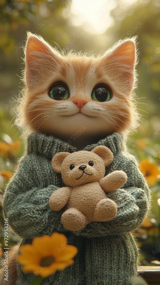 Fototapeta premium Image features an adorable kitten with large eyes, wearing a green sweater and holding a small teddy bear outdoors