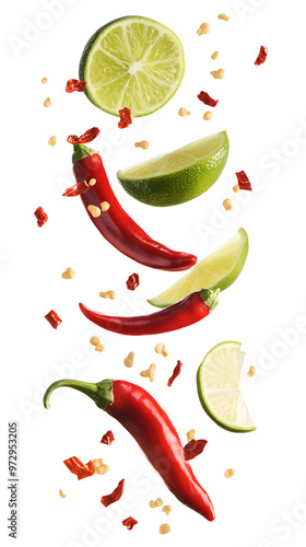 Falling group chili pepper and lime isolated on transparent background.