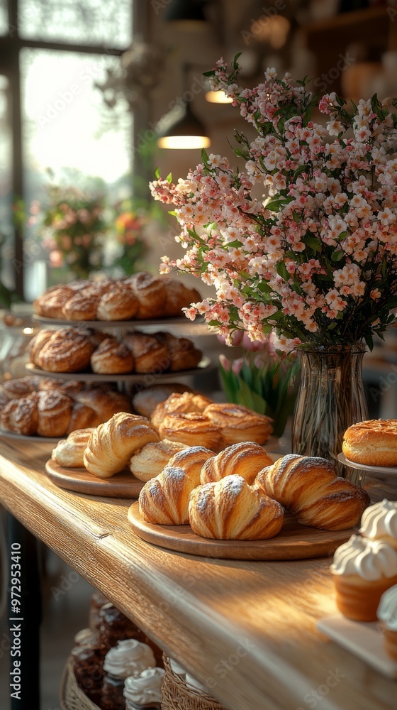 Image shows an assortment of pastries on a wooden table, with a vase of pink flowers and a cozy background Image shows an assortment of pastries on a wooden table, with a vase of pink flowers and a cozy background
