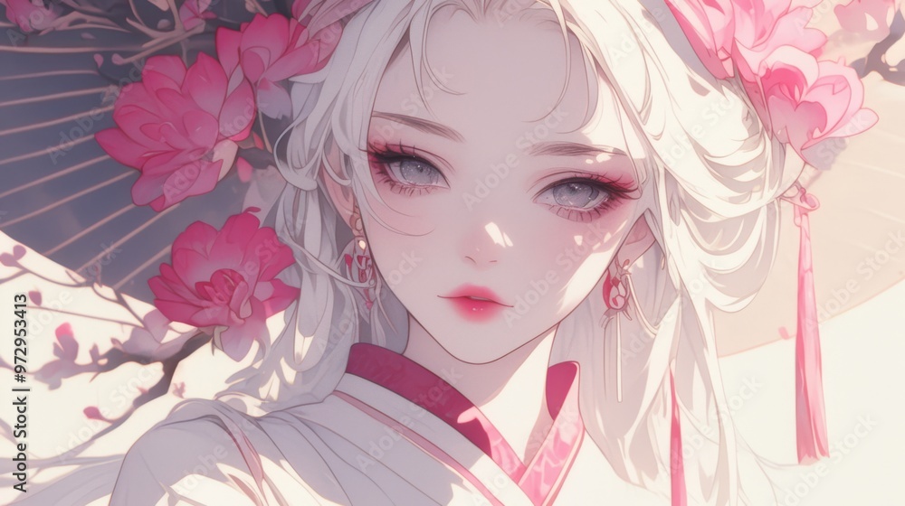 Image shows an anime-style woman with long white hair, wearing a traditional outfit and surrounded by pink flowers and an umbrella Image shows an anime-style woman with long white hair, wearing a traditional outfit and surrounded by pink flowers and an umbrella