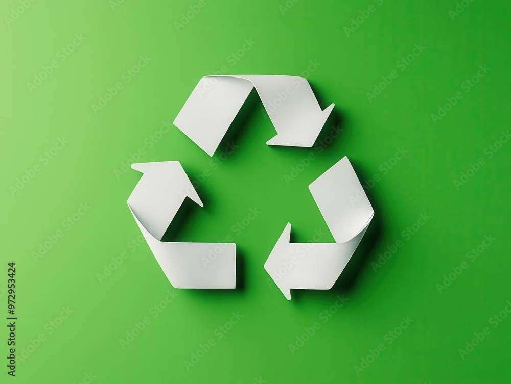 A modern recycle symbol composed of sleek white arrows on a green background, minimalist concept A modern recycle symbol composed of sleek white arrows on a green background, minimalist concept