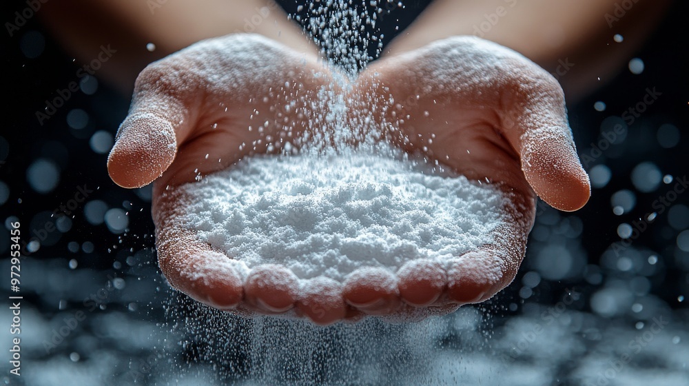 Fototapeta premium Image shows hands cupping a pile of white powder, with additional powder falling onto the pile, creating a dusting effect