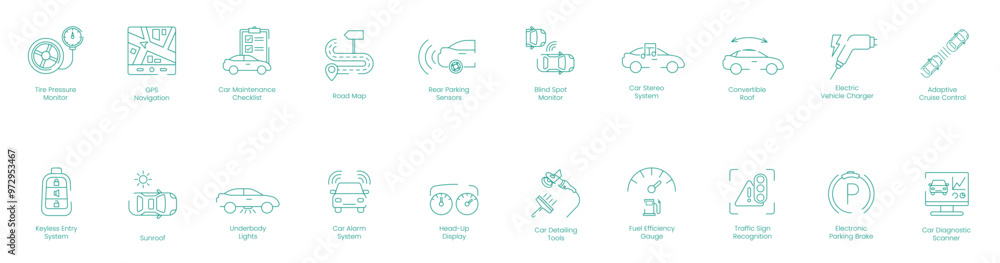 Tire Pressure Monitor, GPS Navigation, Car Maintenance Checklist, Road Map, Rear Parking Sensors, Blind Spot Monitor, Car Stereo System, Convertible Roof, Electric Vehicle Charger vector icon set Tire Pressure Monitor, GPS Navigation, Car Maintenance Checklist, Road Map, Rear Parking Sensors, Blind Spot Monitor, Car Stereo System, Convertible Roof, Electric Vehicle Charger vector icon set