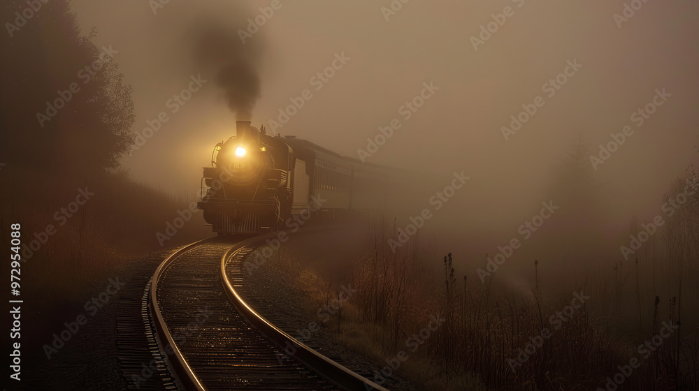 Old steam locomotive on foggy morning, creating mysterious atmosphere as it travels along tracks. soft glow of trains light pierces through dense fog, evoking sense of nostalgia and adventure Old steam locomotive on foggy morning, creating mysterious atmosphere as it travels along tracks. soft glow of trains light pierces through dense fog, evoking sense of nostalgia and adventure