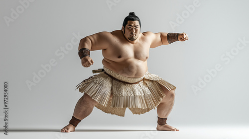 A sumo wrestler in mid-action pose, isolated on a clean white background, high realism