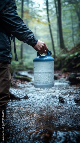 Person holds a large water container while standing in a forest stream, with water dripping from it