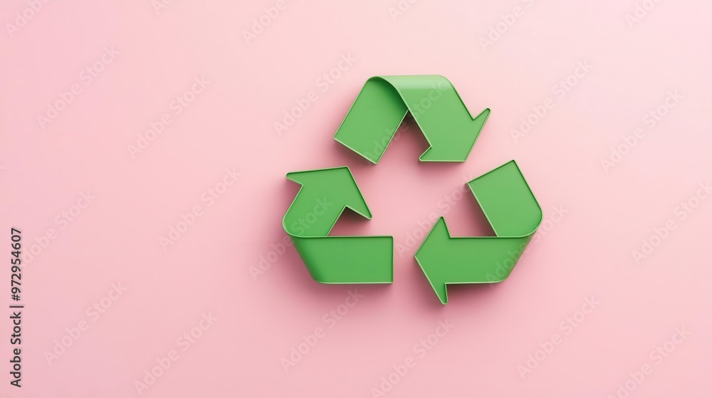Simple recycle icon in soft green, centered on a pastel pink background, minimalist sustainability design Simple recycle icon in soft green, centered on a pastel pink background, minimalist sustainability design
