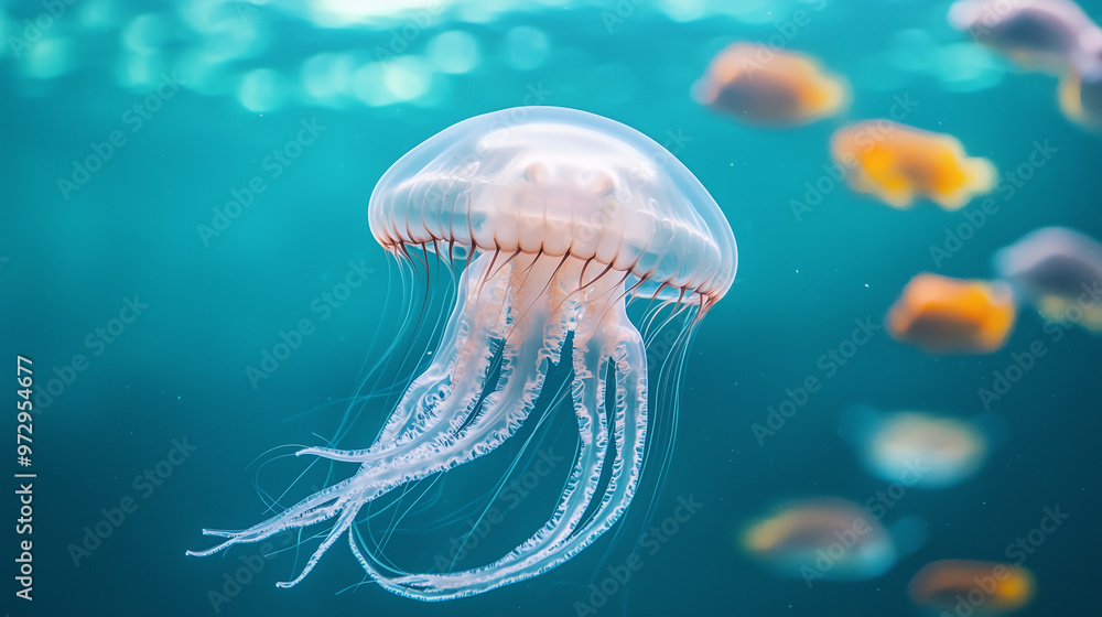 Jellyfish gracefully swimming among various sea fish in a vibrant blue ocean, captured underwater for a serene and dynamic view. photo Jellyfish gracefully swimming among various sea fish in a vibrant blue ocean, captured underwater for a serene and dynamic view. photo