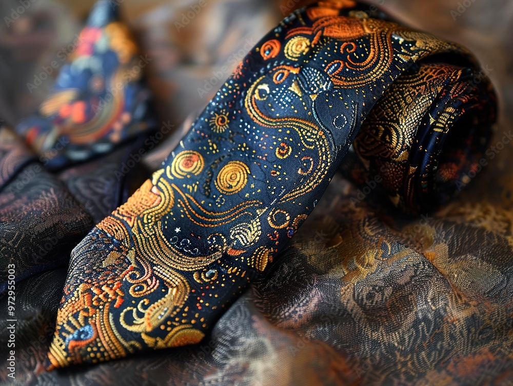 A navy blue silk tie with a colorful, intricate pattern. It is lying on top of a matching pocket square. A navy blue silk tie with a colorful, intricate pattern. It is lying on top of a matching pocket square.