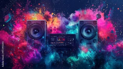 Two sound speakers and subwoofer on dark background with neon lights. Set for listening music. Audio equipment