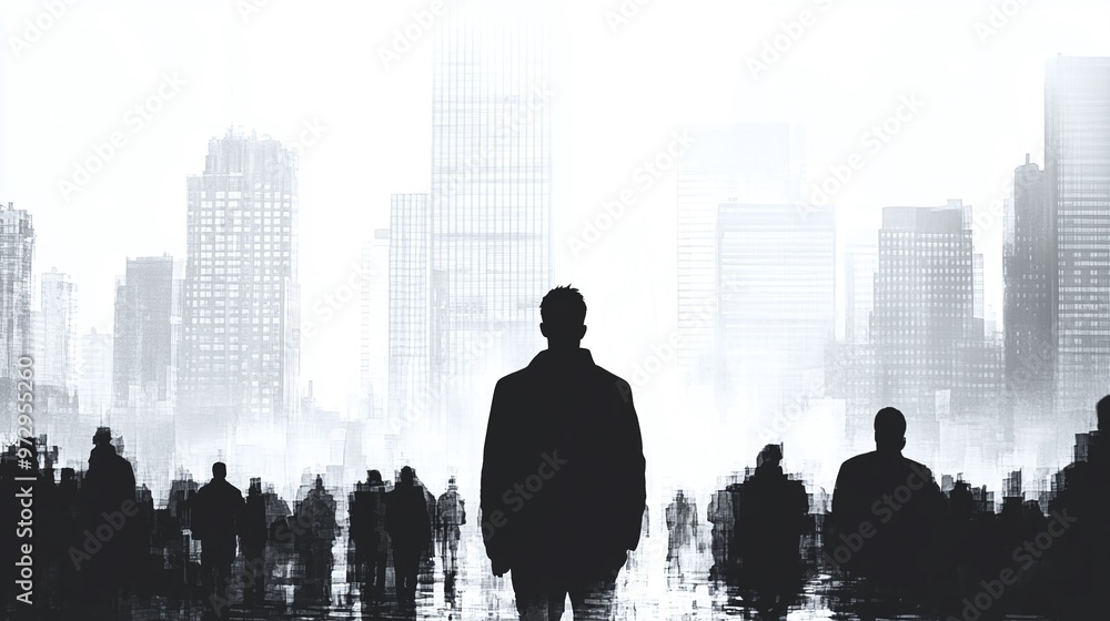 city scene with man silhouette and people walking, emphasizing the energy and motion of modern urban living city scene with man silhouette and people walking, emphasizing the energy and motion of modern urban living