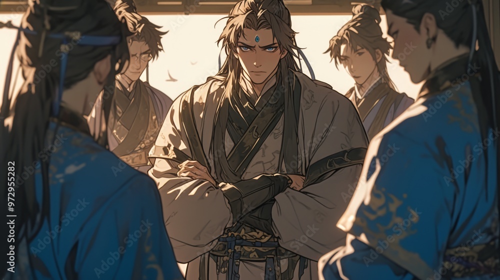 Fototapeta premium Serious-looking individual with arms crossed, surrounded by three others, all wearing traditional Asian attire
