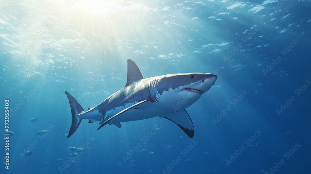 Naklejka premium A great white shark swimming powerfully among various sea fish in the deep blue ocean, showcasing the raw beauty of underwater nature. photo