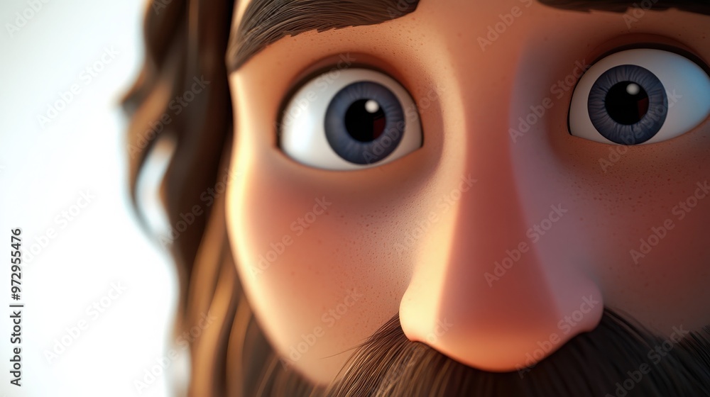 Obraz premium A close-up 3D cartoon of Jesus Christ's face, with a soft, kind expression, his beard gently flowing, and his eyes reflecting infinite love and compassion