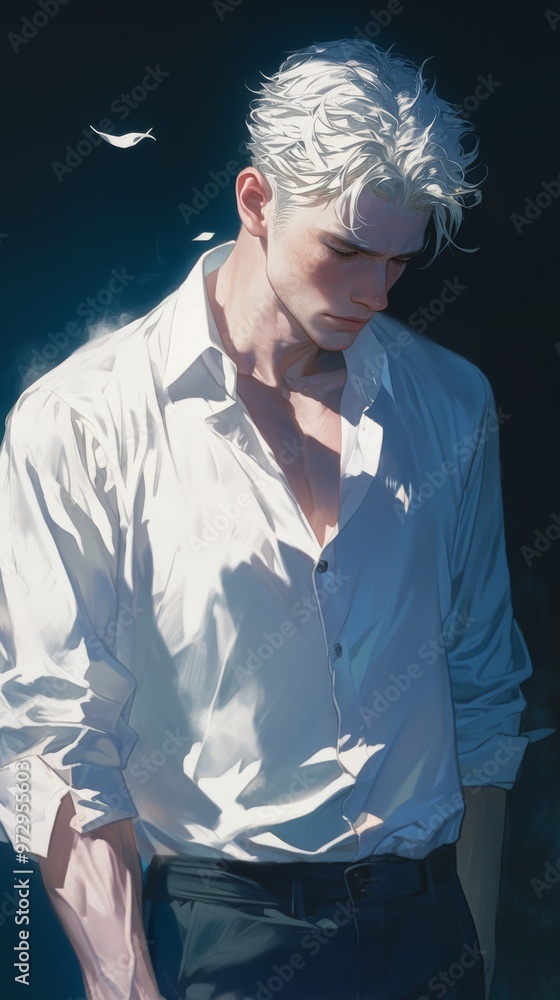 Fototapeta premium Somber young man with white hair, wearing a partially unbuttoned white shirt against a dark background